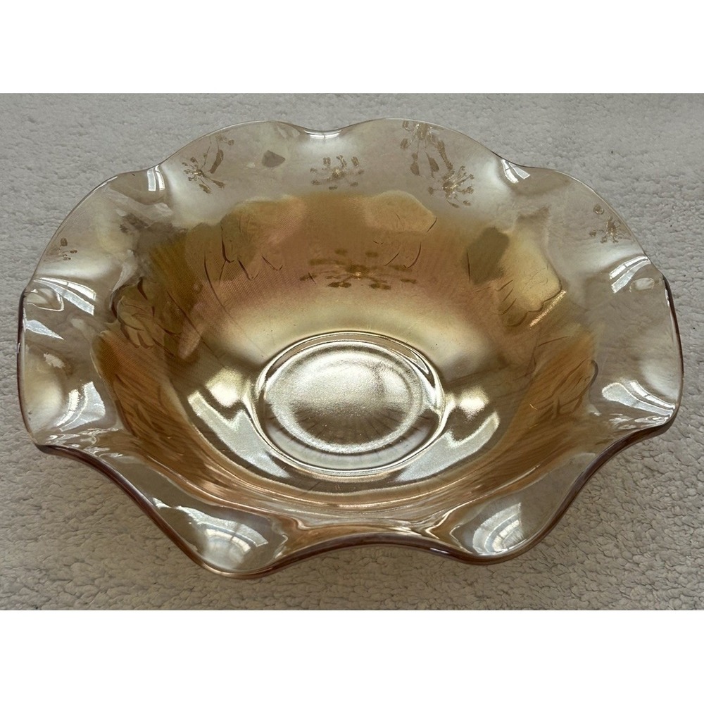 Vtg Jeanette Carnival Glass Iris & Herringbone Marigold Ruffle Edge Serving Bowl